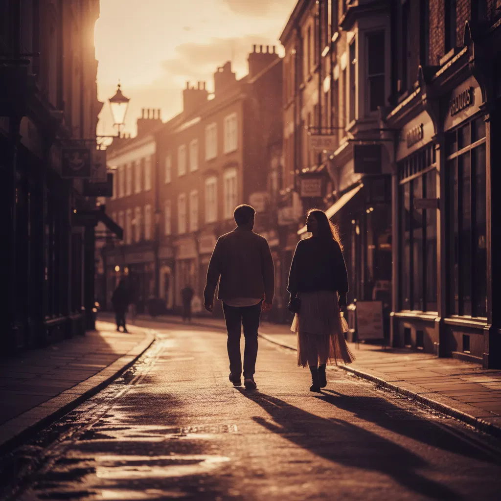 Two anonymous silhouetted figures walking along a sunny British high street - everyday active lifestyle